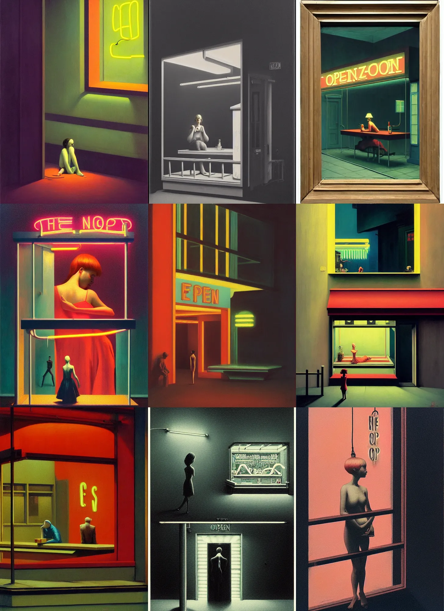 Prompt: the neon sign says open but its been so long since her mind was open Edward Hopper and James Gilleard, Zdzislaw Beksinski, Mark Ryden, Wolfgang Lettl highly detailed, hints of Yayoi Kasuma