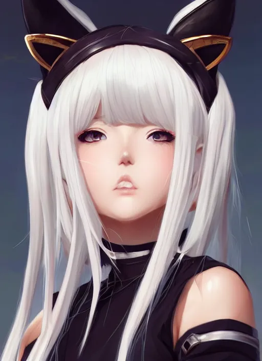 Prompt: a frontal portrait of a very beautiful anime girl pope!!!!!! with cat ears, white hair, gold skin, digital painting, art by wlop artgerm ilya kuvshinov, sharp focus, highly detailed