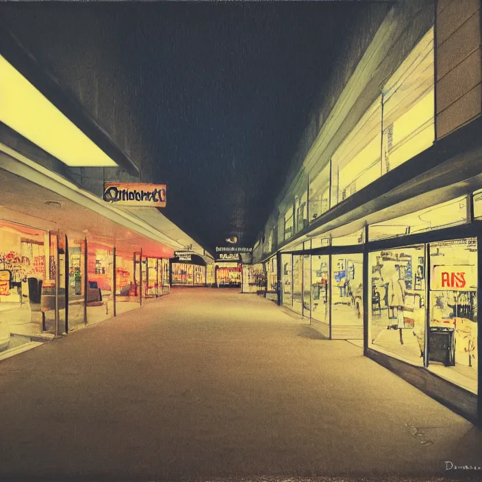 Image similar to unsettling polaroid of a retro mall at night, art by dariusz zawadski, deep depth of field. highly detailed, hyper realism, hd, 4 k