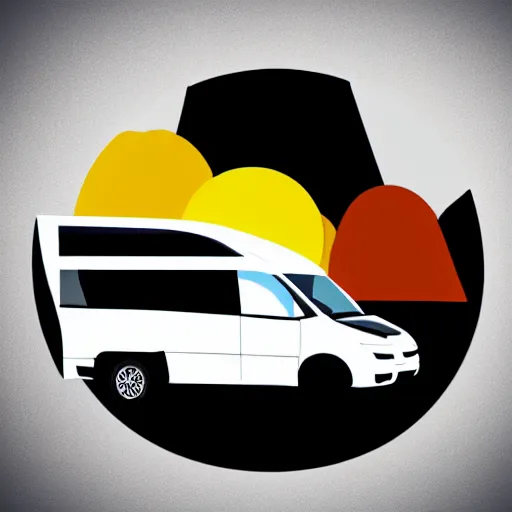 Image similar to very very very minimal vector graphic of a white and black thor chateau motorhome, color highway, mountains and sunset!!, all enclosed in a circle, white background, dramatic, professional minimal graphic design cartoon, award winning