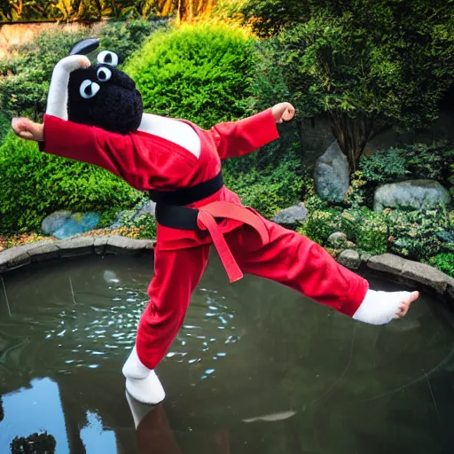 Image similar to a fluffy chocolate brown karate loving muppet bunny wearing cool black ninja clothes with a red belt and practicing her karate out in nature by a koi pond, photorealistic, photography, ambient occlusion, rtx, national geographic, sesame street