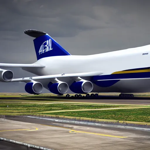 Image similar to the successor to the an - 2 2 5, the an - 3 0 0, the biggest plane ever created, standing on an airport, hyper realistic, ue 5, octane render, realistic lighting