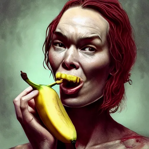 Image similar to color head portrait of lena headey eating a banana as a zombie, 7 days to die zombie, gritty background, fine art, award winning, intricate, elegant, sharp focus, cinematic lighting, digital painting, 8 k concept art, art by michael hussar, art by brom, art by guweiz and z. w. gu, 8 k