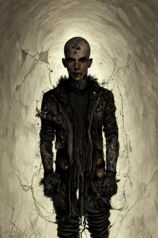 Image similar to an ugly young man, shaved head, gothic, tattered leather coat, intricate, elegant, dramatic lighting, highly detailed, lifelike, photorealistic, digital painting, artstation, illustration, concept art, smooth, sharp focus, art by John Collier and Albert Aublet and Krenz Cushart and Artem Demura and Alphonse Mucha