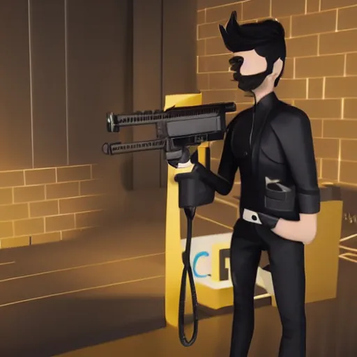 Image similar to adam jensen working for glovo, hyperrealistic