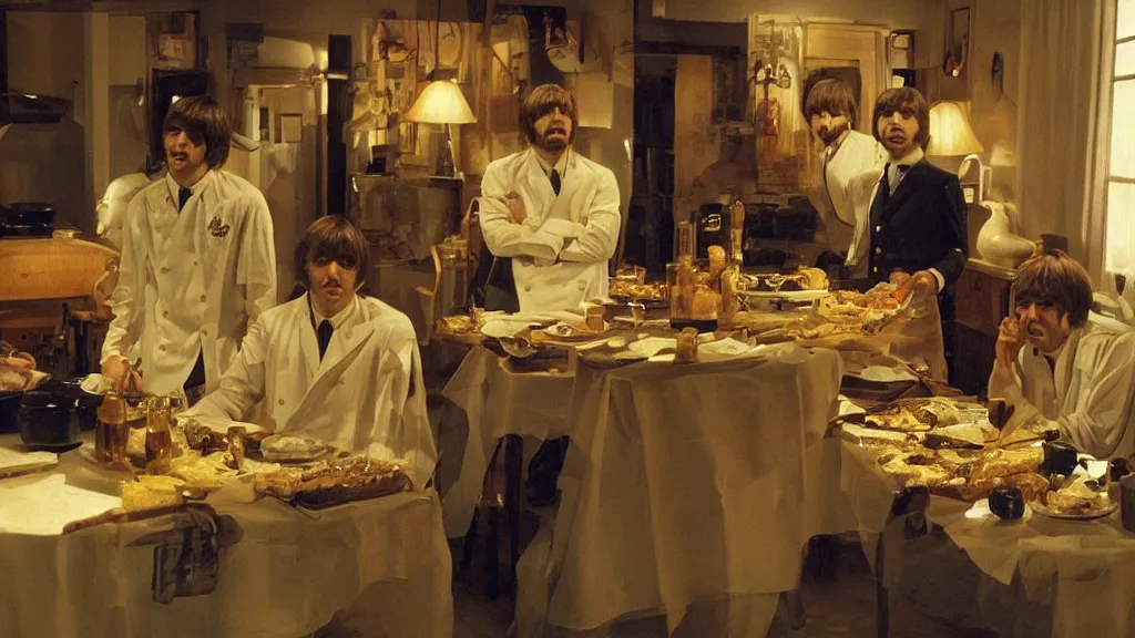 Prompt: The Beatles!!! drown in honey! in the kitchen, film still from the movie directed by Denis Villeneuve with art direction by Salvador Dalí, wide lens