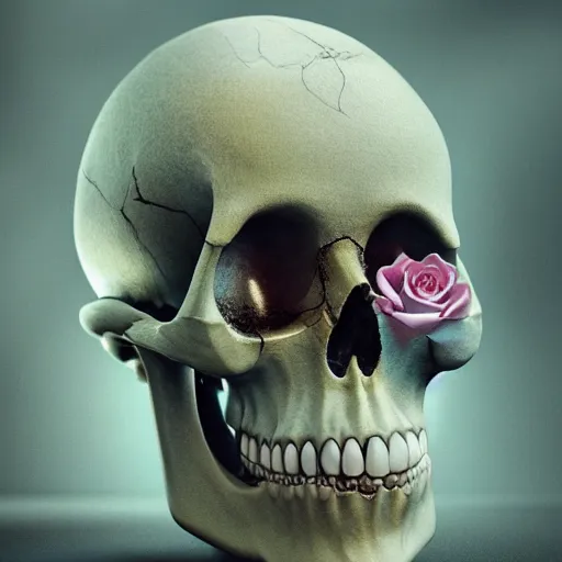 Image similar to hyperrealistic painting of a flower marble skull, octane detailed render, intricate, epic composition, cinematic lighting, statue masterpiece, trending on artstation, masterpiece, stunning, hdr, smooth, sharp focus, high resolution, award, winning photo, dslr