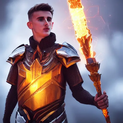 Prompt: Mason Mount wearing metal armour holding a glowing fire magical staff. Trending on Artstation octane render ultra detailed sharp picture art by Ross tran