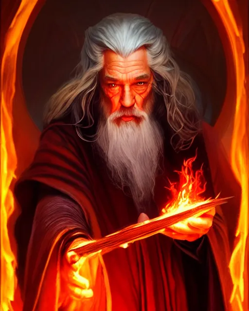 Prompt: Gandalf casting a fire spell, red led, glowing, D&D, fantasy, intricate, elegant, highly detailed, digital painting, artstation, concept art, matte, sharp focus, illustration, hearthstone, art by Artgerm and Greg Rutkowski and Alphonse Mucha