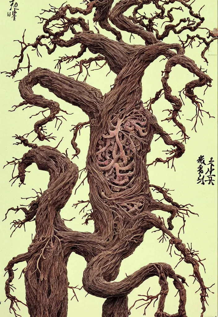 Image similar to prompt: anatomy dissection drawing veins and organs tree character drawn by Takato Yamamoto, bonsai anatomy atlas, veins and organs attached to tree roots, alchemical objects inspired by 1980's sci-ci, old experimentation cabinet, intricate oil painting detail, manga 1980