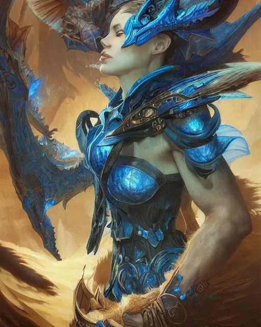 Image similar to Portrait of a Fantasy azure dragon hunter, HD, illustration, epic, D&D, fantasy, intricate, elegant, highly detailed, digital painting, artstation, concept art, smooth, sharp focus, illustration, art by artgerm and greg rutkowski and alphonse mucha, monster hunter illustrations art book