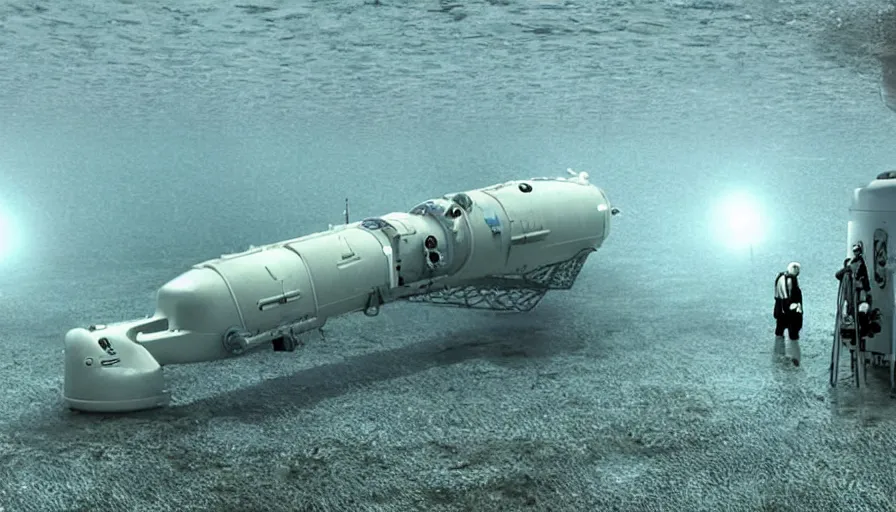 Image similar to Big budget horror movie, a small submarine approaches an undersea biolab run by cyborgs