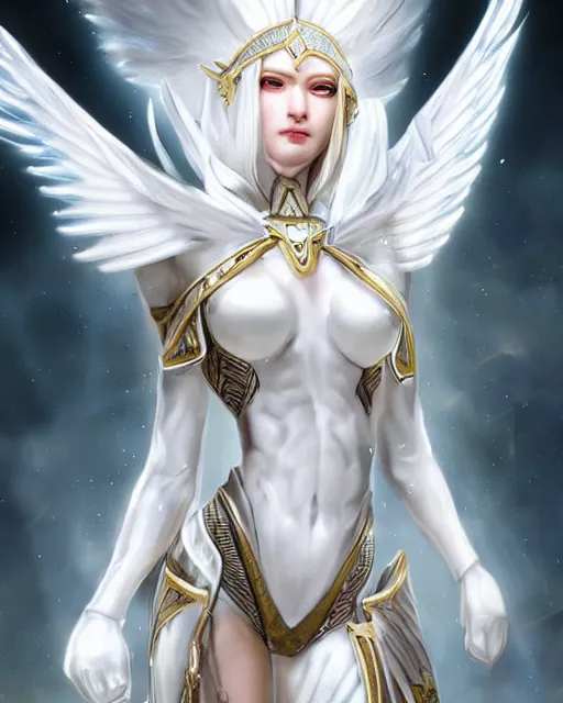 Image similar to perfect white haired egyptian goddess wearing white dove wings, warframe armor, regal, attractive, ornate, sultry, beautiful, dreamy, half asian, pretty face, blue eyes, detailed, scifi platform, 4 k, ultra realistic, epic lighting, android body, illuminated, cinematic, masterpiece, art by akihito tsukushi, voidstar, artgerm