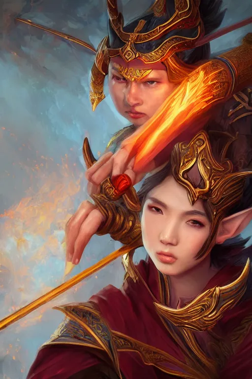 Prompt: a masterpiece portrait of nezha, young elf prince holding spear, flame everywhere, epic pose, fantasy character portrait, closeup shot, hyper detailed, digital painting, 8 k realistic, trending on artstation, sharp focus, dof, by fenghua zhong, artgerm, ne zha from smite, jeff easley, raymond swanland