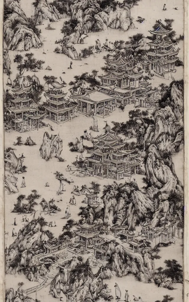 Prompt: surreal allegorical renaissance engraving of a chinese temple complex