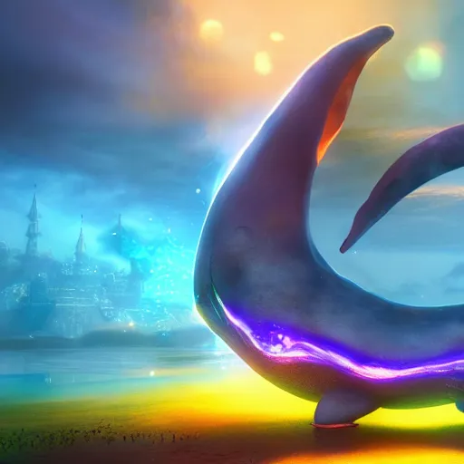 Image similar to a colourful wise magic whale, digital art, unreal engine, epic lighting, amazing, dreamlike, 3d render