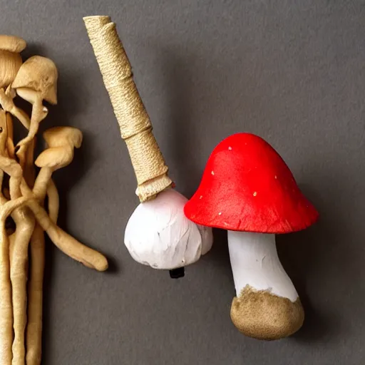 Image similar to a claymation mushroom holding a cardboard sword