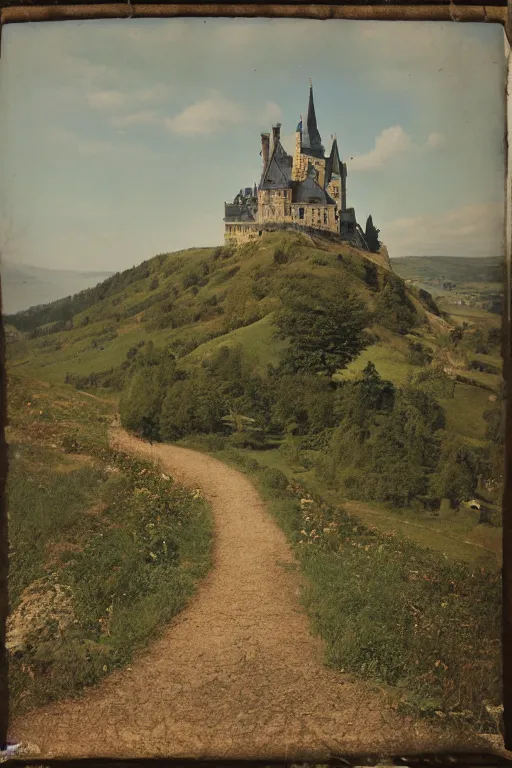 Prompt: photochrom, a hilly landscape with castle and path