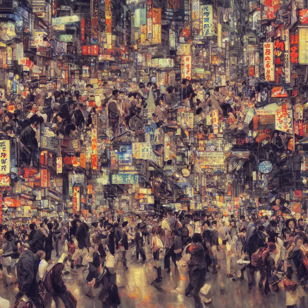 Image similar to Lost in Crowded Tokyo, very detailed oil painting, focused, colorful, artstation, Antoine Pierre Mongin