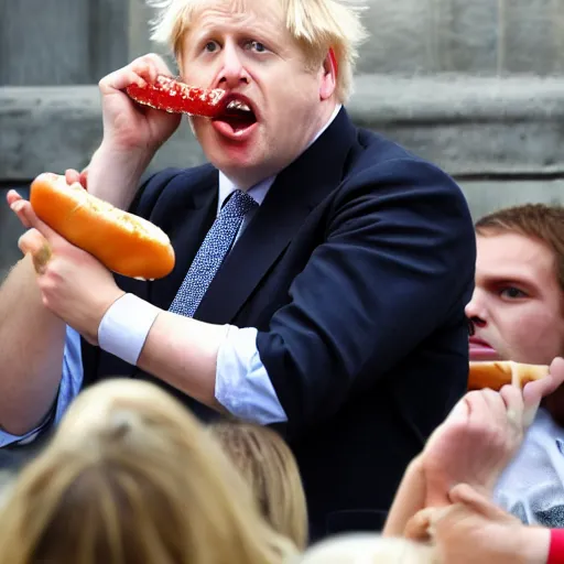 Image similar to boris johnson eating a hotdog mouth wide open, side profile