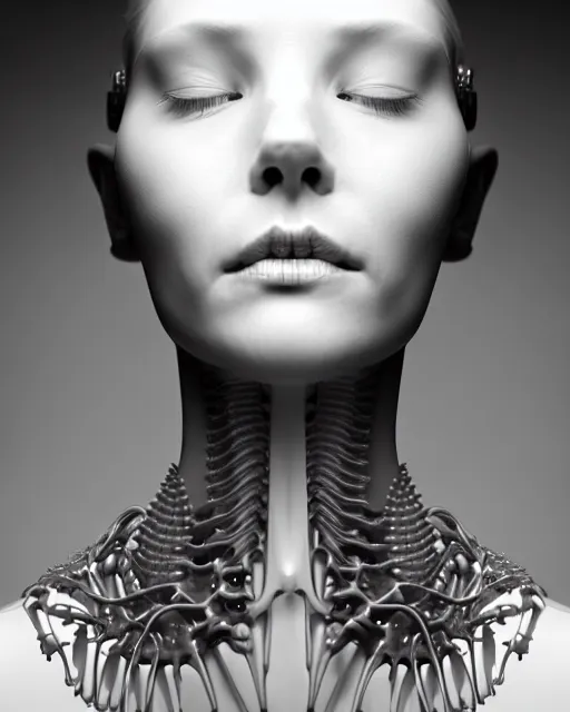 Image similar to dreamy foggy elegant soft luminous bw profile face portrait 3 d render, beautiful young biomechanical - porcelain - female - cyborg with a delicate detailed mandelbrot fractal texture skin and a very long neck with gothic pearl embroidered collar, halo, white smoke atmosphere, rim light, hg giger, 8 k