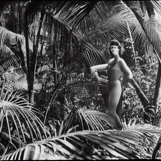 Image similar to a rizom lost film footage of a complex volume in the middle of the tropical jungle / tropicalism / tropicalism / tropicalism / film still / cinematic / enhanced / 1 9 2 0 s / black and white / grain