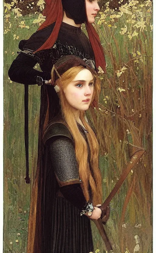 Prompt: young girl annasophia robb blond bowl haircut wearing medieval armour, waterhouse and mucha