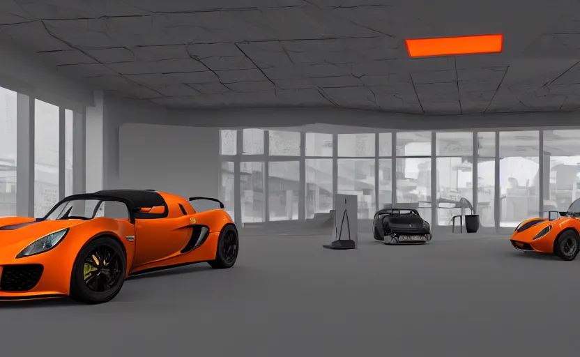 Image similar to futuristic lotus exige ( ( orange ) ) parked within interior view of futuristic auto showroom ( ( frank lloyd wright ) ) luminescent concept art, unreal engine 5, artstation highly detailed, digital art, 8 k hdr, soft lighting, hyperrealistic, godrays