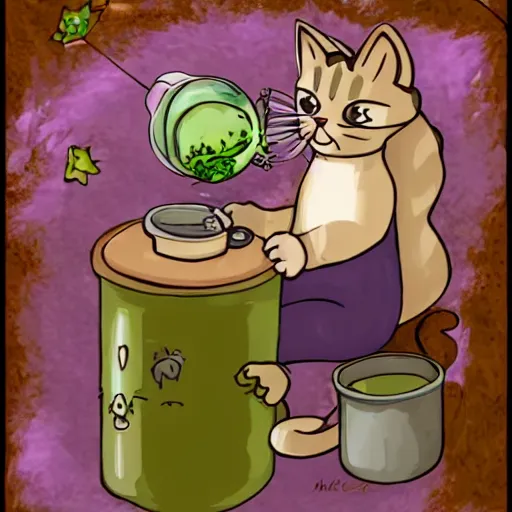 Prompt: a happy cute cat-fairy brewing a magic potion