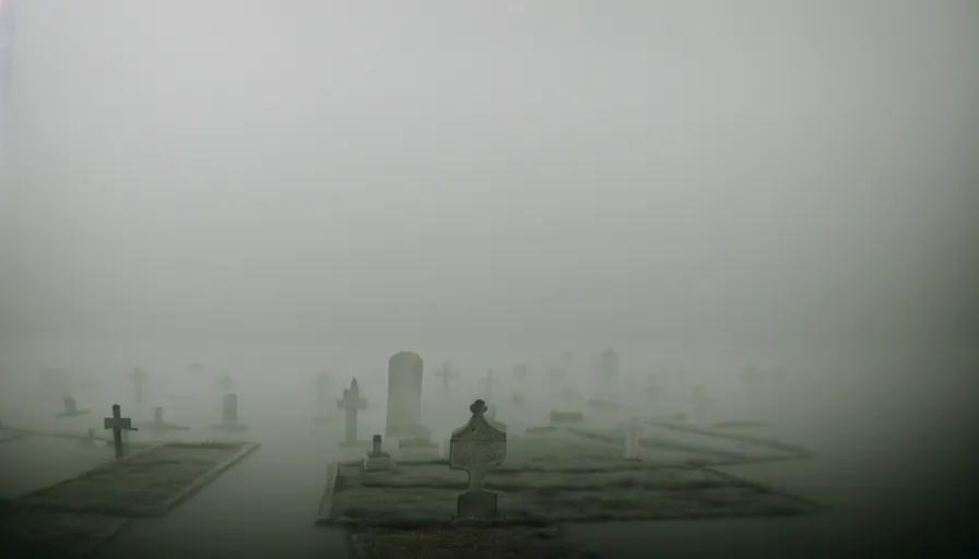 Image similar to a photograph of a ghost floating above a cemetary by a beach, ethereal, misty, muted colors, landscape