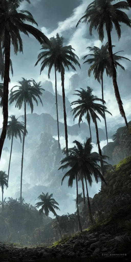 Prompt: cocora valley landscape with wax palms, concept art for a dark souls game, concept art, 4 k, video game art, trending on artstation