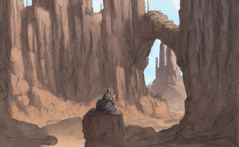 Prompt: a hyperrealist watercolor concept art of a medieval monk in grey robes in monument valley looking through a small rock arch at a castle from an alien world. very muted colors, by rebecca guay, michael kaluta, charles vess. high detail, hq, wide shot, 4 k