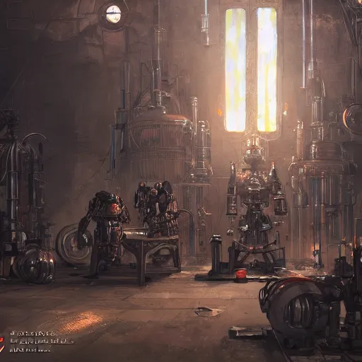 Image similar to adeptus mechanicus techpriest at a forge, by cedric peyravernay and feng zhu, highly detailed, excellent composition, cinematic concept art, dramatic lighting, trending on artstation