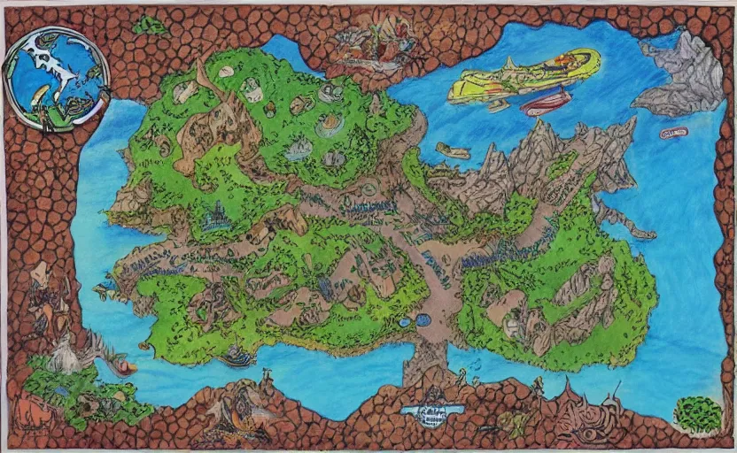 Prompt: fantasy island map, drawn with crayons, detailed