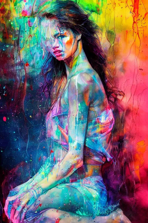 Image similar to adriana lima by agnes cecile enki bilal moebius, intricated details, sitting on a stool, full body portrait, extremely luminous bright design, pastel colours, drips, autumn lights