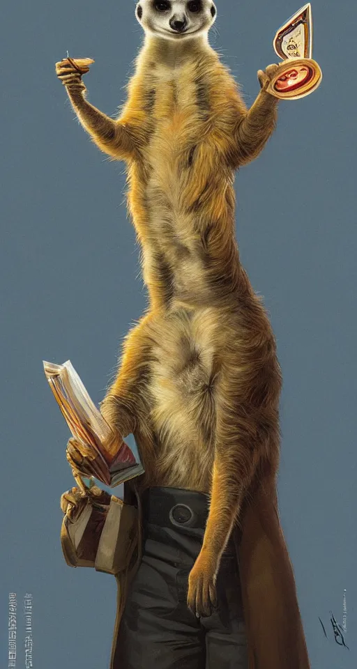 Prompt: a meerkat with suit as president of russia, pulp art, deep focus, turnaround, pulp art, fantasy, intricate, elegant, highly detailed, digital painting, artstation, concept art, matte, sharp focus, illustration, hearthstone, art by rhads and artgerm and greg rutkowski and alphonse mucha