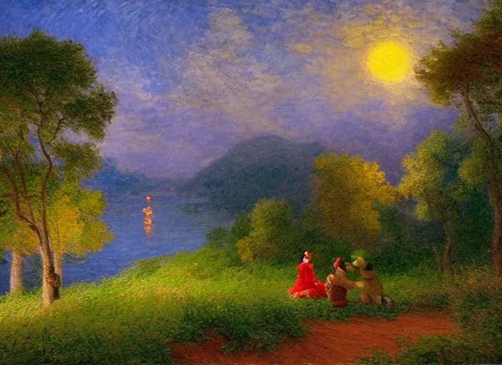 Prompt: romanticism impressionism landscape painting of winnie the pooh characters at night, night time, colorful paper lanterns, in the style of hudson river school and thomas cole and albert bierstadt and robert duncanson and vincent van gogh and claude monet