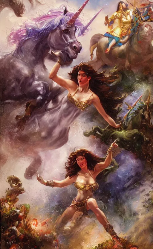 Image similar to A beautiful brunette girl on a unicorn charges an ugly stone giant, good against evil, brilliant, oil on canvas, smooth, colorful and impactful, by Ralph Horsley, 8K