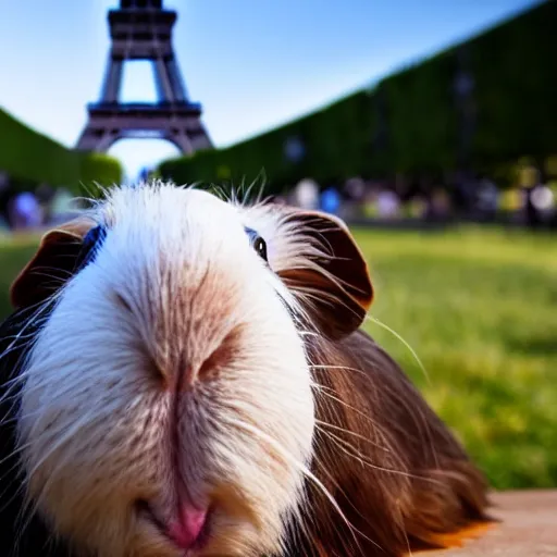 Prompt: a guinea pig taking a selfie in front of the eiffel tower, photorealistic