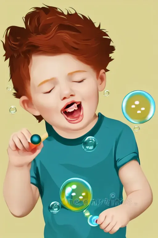 Prompt: a little boy with ginger hair blowing bubbles. clean elegant simple illustration, beautiful detailed face.