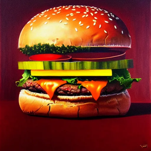 Image similar to painting of a burger with a mouth in the style of beksinski