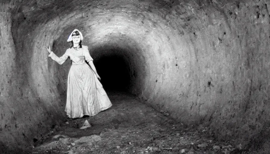 Image similar to portrait of a white female phantom with roots fingers in an empty soviet tunnel, early black and white 8mm, heavy grain, low quality,