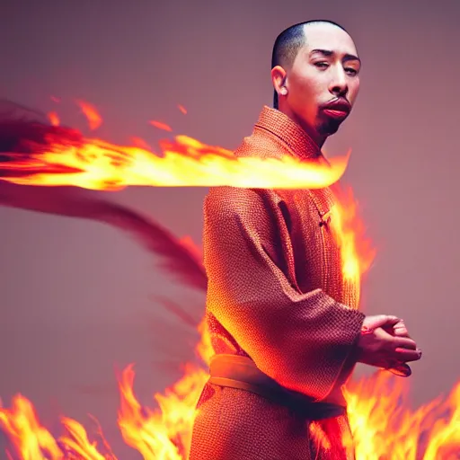 Image similar to cinematic film still of Tyga starring as a Samurai holding fire, Japanese CGI, VFX, 2022, 40mm lens, shallow depth of field,film photography