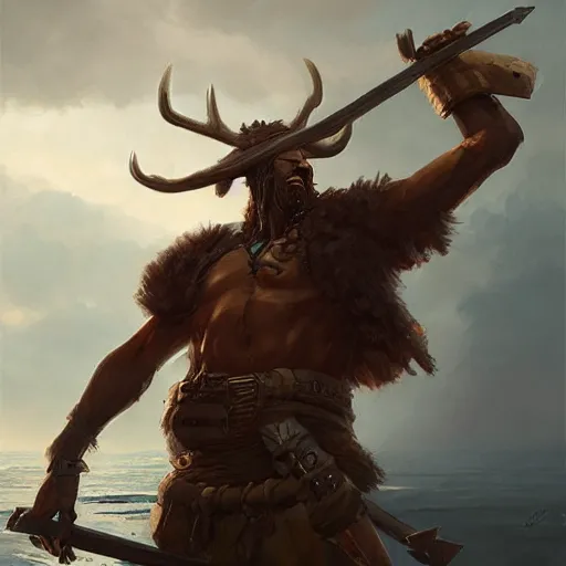 Image similar to anthropomorphic moose barbarian pirate humanoid by greg rutkowski, ship, sea, fantasy