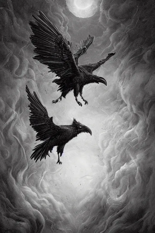 Image similar to Intricate stunning highly detailed surreal ravens by agostino arrivabene and Seb McKinnon, sculpture, ultra realistic, Horror vacui, full moon, thick swirling smoke tornado, fire embers, trending on artstation