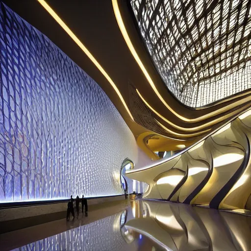 Image similar to extremely detailed ornate stunning beautiful elegant futuristic museum lobby interior by Zaha Hadid