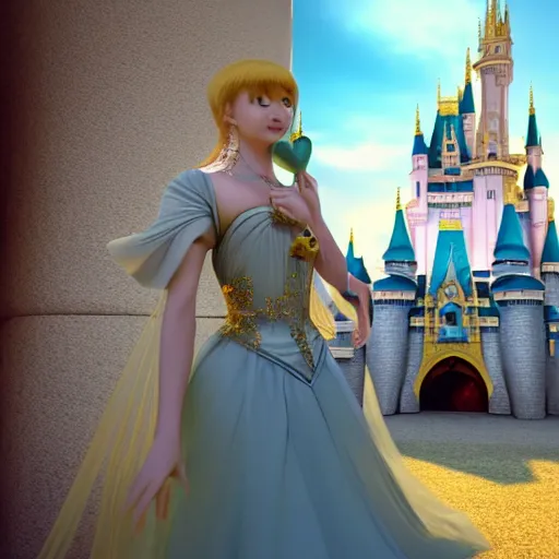 Image similar to a very detailed, ultra-realistic, pleasant, beautiful, funny, smooth 3D CG render, semirealistic anime style, close-up of a gorgeous, cute, gentle, noble priestess magician princess girl wearing dress and jewelry, in a glorious magic kingdom with castle and walls, relaxing calm vibes, fairytale, octane render