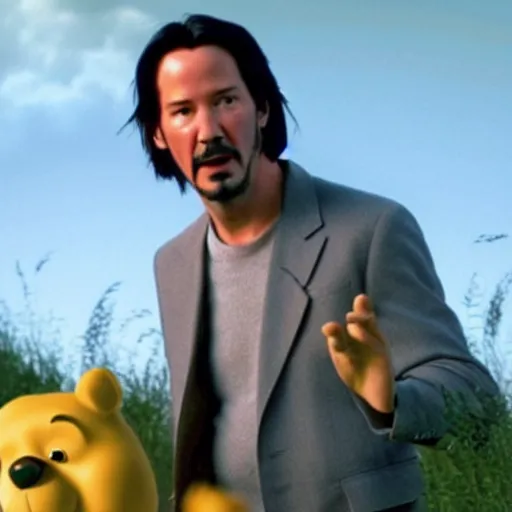 Image similar to A still of Keanu Reeves as Winnie the Pooh