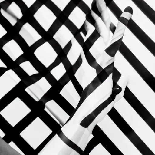 Image similar to black and white photography of a face and hands pushing outward from behind a high contrast black and white striped thin sheet