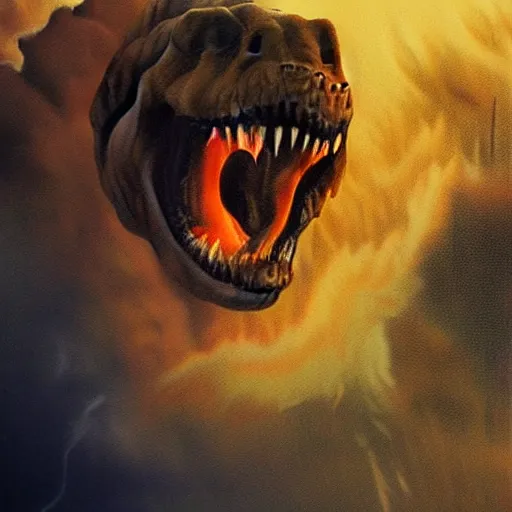 Prompt: photo realistic art of t-rex roaring, Volcano erupting far in the background, very very very very detailed